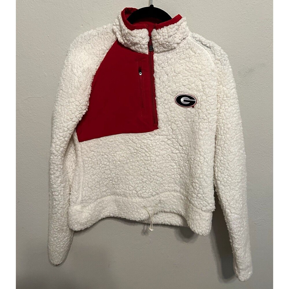 Antigua Womenโs M Georgia Bulldogs Sherpa Half Zip Pullover Jacket White/Red